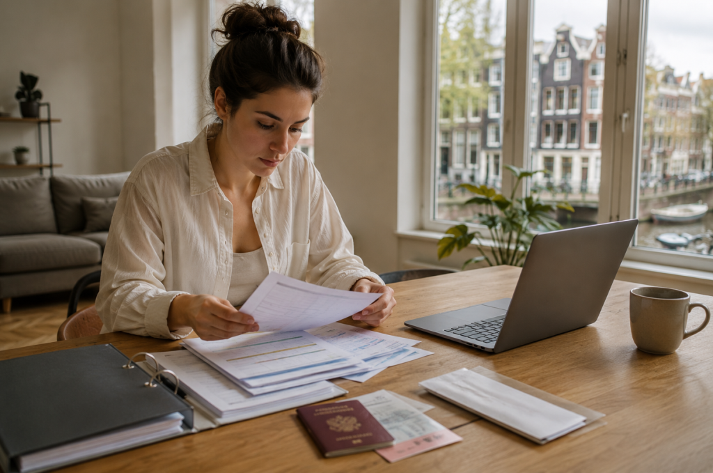 Expat bereidt huurdocumenten voor in een modern appartement in Amsterdam om sneller een woning te vinden in Nederland.