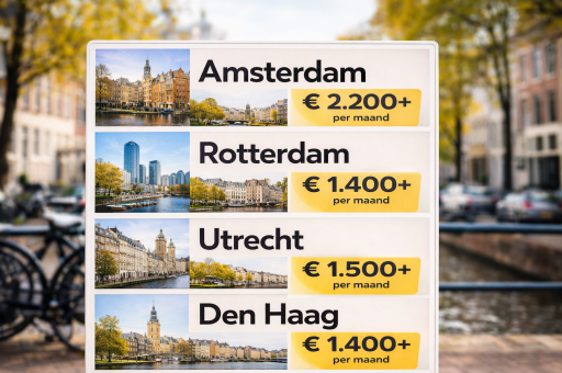 Huurprijzen in Nederlandse steden met Amsterdam, Rotterdam, Utrecht en Den Haag en hun gemiddelde maandelijkse huren