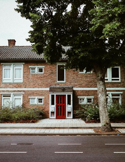 A row of brown brick houses with a red door and a tree outside on the pavement.