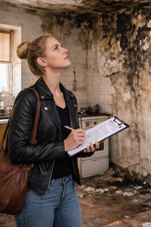 Vrouw inspecteert een huurwoning met schimmel en achterstallig onderhoud, een duidelijke rode vlag bij huren