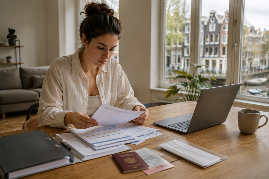 Expat organizing rental documents in a modern Amsterdam apartment while preparing to apply for housing in the Netherlands.