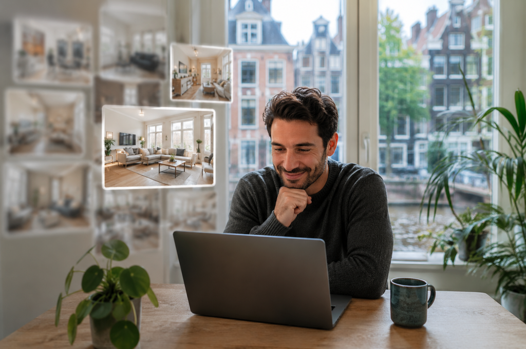 Hopeful expat browsing apartment listings on laptop in modern Dutch apartment, one listing highlighted, canal houses outside