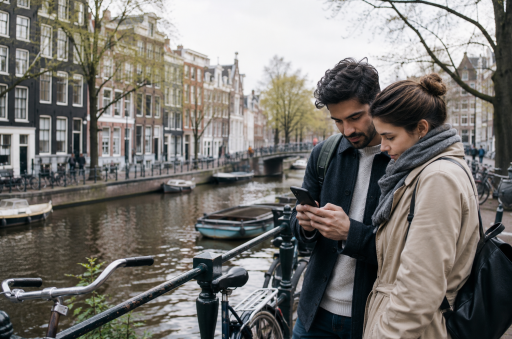 Expatstel bekijkt huurwoningen aan een Amsterdamse gracht tijdens hun zoektocht naar een huurhuis in Nederland.