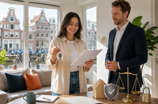 Tenant reviewing rental contract with keys in Amsterdam apartment, symbolizing Dutch rental protections.