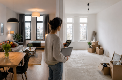 Comparison of a furnished and unfurnished Dutch apartment interior with moving boxes and a renter budgeting.