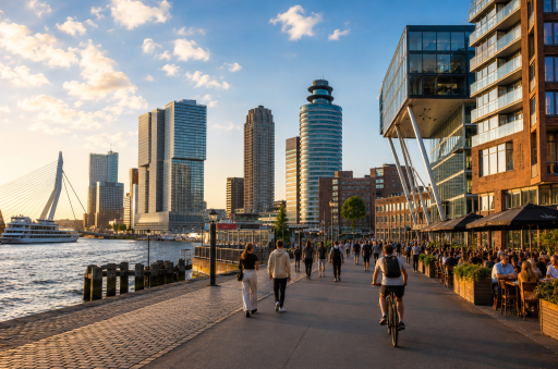 Dutch city waterfront with modern architecture, cyclists, cafés and the Erasmus Bridge at golden hour.