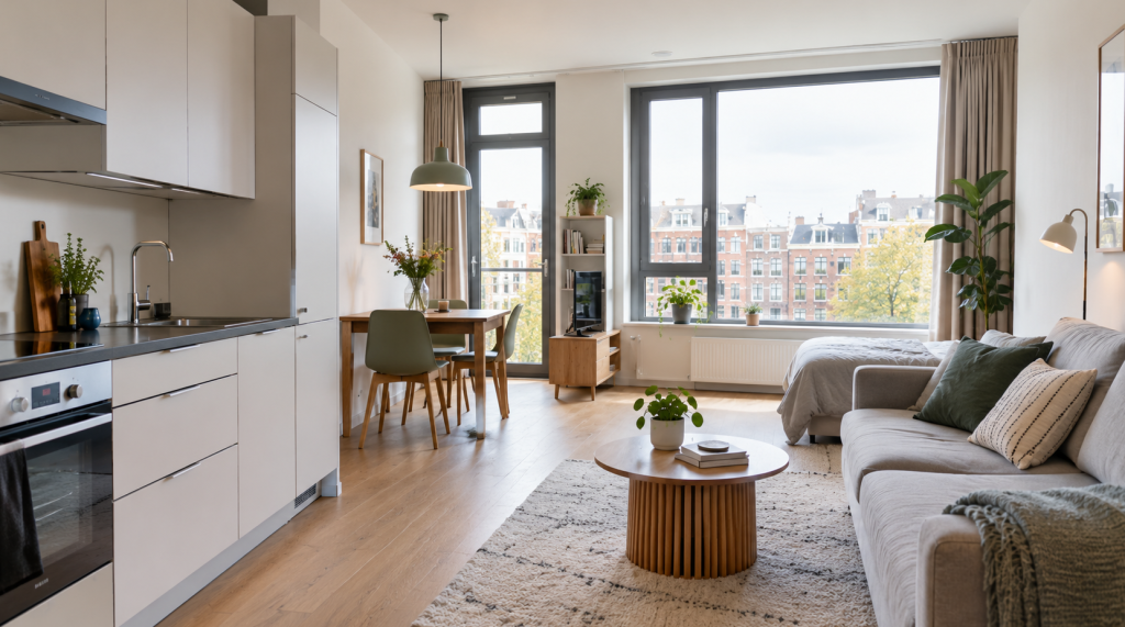 Lichte, zelfstandige huurstudio in Nederland met een open keuken, zithoek en grote ramen.