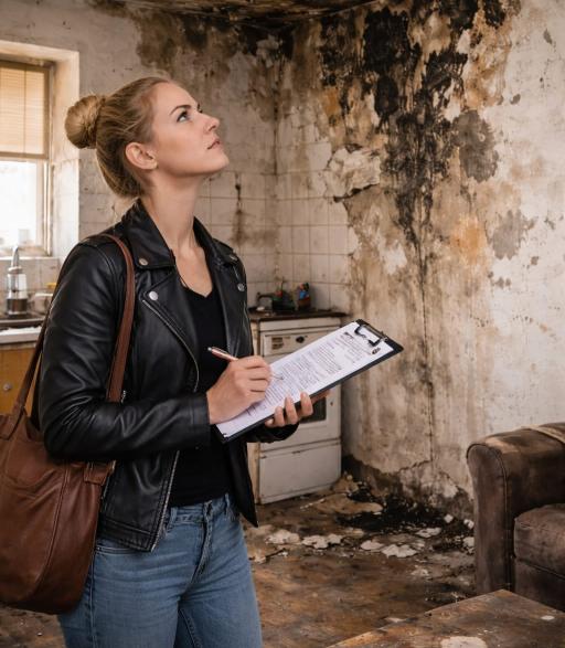 Woman inspecting a damaged rental property with mold and poor maintenance, highlighting a major rental red flag
