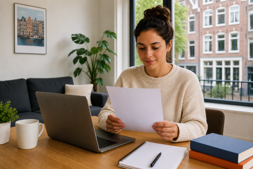 Expat bereidt een huurwoningaanvraag voor in Nederland zonder vast arbeidscontract.