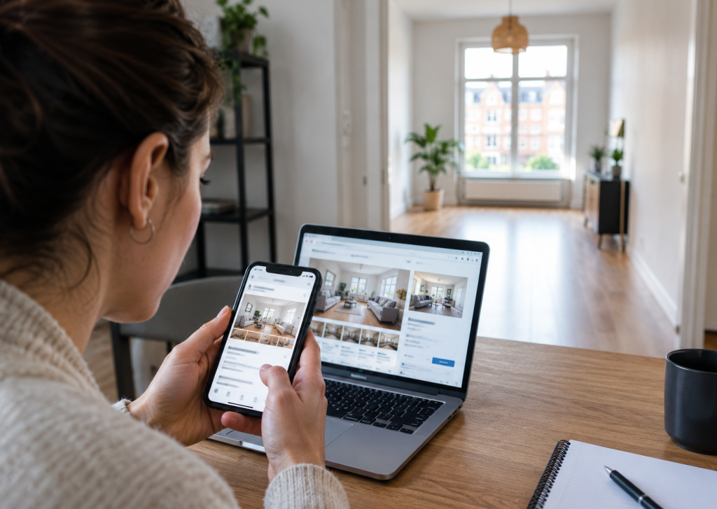 Person checking a rental listing on a smartphone and laptop in a bright apartment.