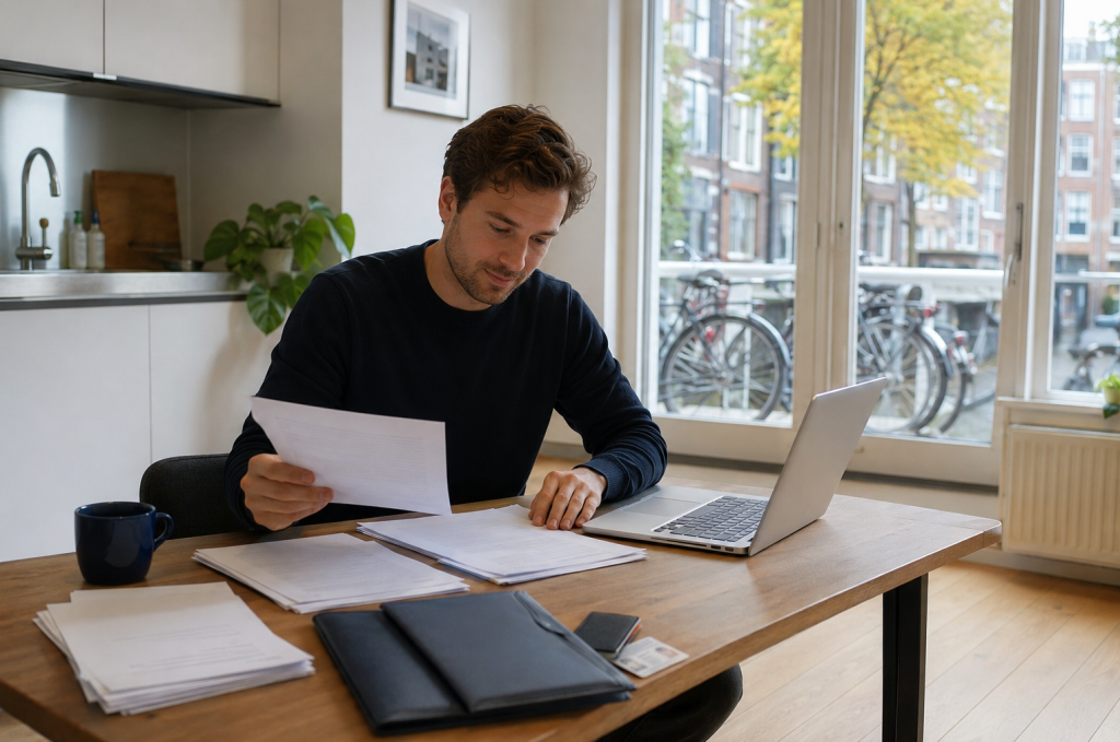 Huurder stelt een compleet huurwoningdossier samen met documenten en laptop in een Nederlands appartement.