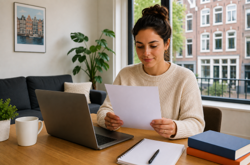 Expat reviewing rental application documents in a Dutch apartment without an employment contract