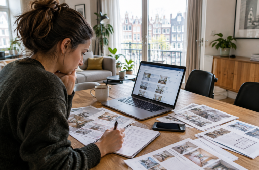 Vrouw vergelijkt huurwoningen op haar laptop met foto's en notities tijdens haar zoektocht.