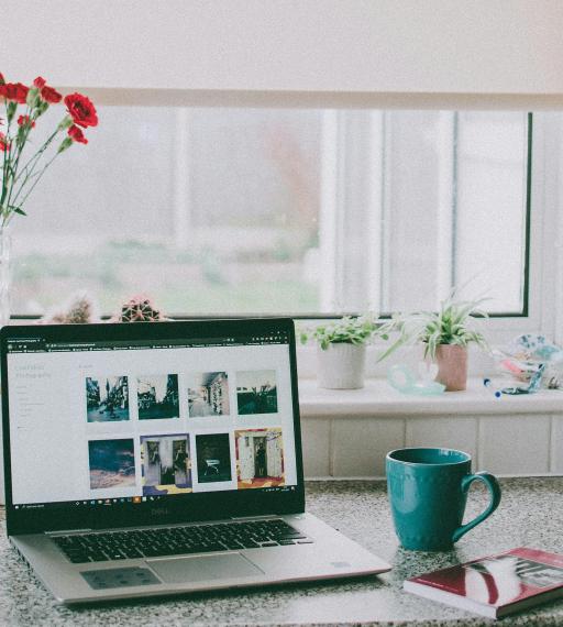 A laptop on a kitchen cabinet, with a teal mug and a red book next to it. Behind, a windowsill with red flowers in a vase and plants.