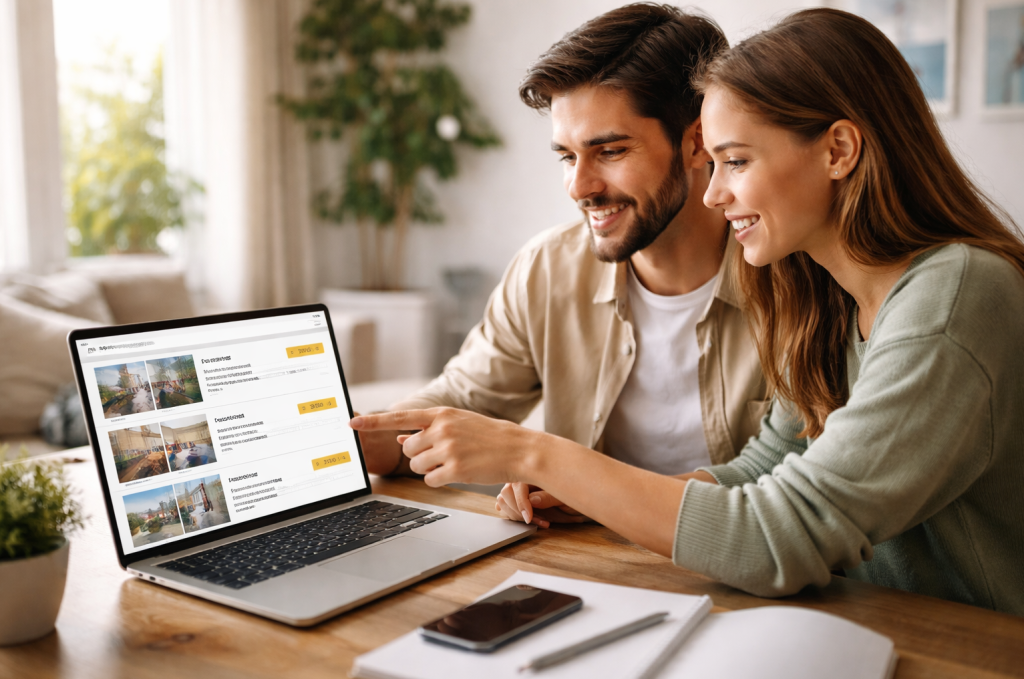 Stel vergelijkt huurwoningen op een laptop en bekijkt prijzen en kenmerken om een woning binnen hun budget te vinden