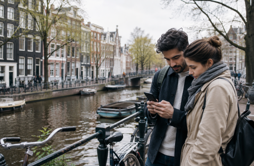 Expat couple checking rental listings beside an Amsterdam canal lined with Dutch houses and bicycles