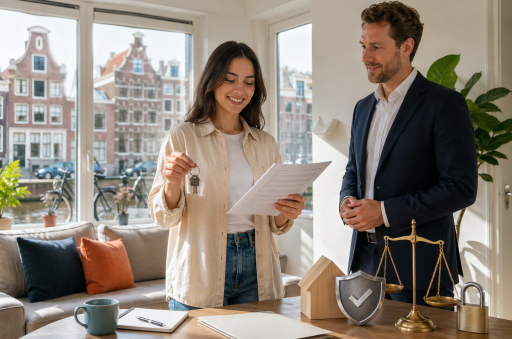 Huurder bekijkt huurcontract met sleutels in een Amsterdams appartement, symbool voor Nederlandse huurbescherming.