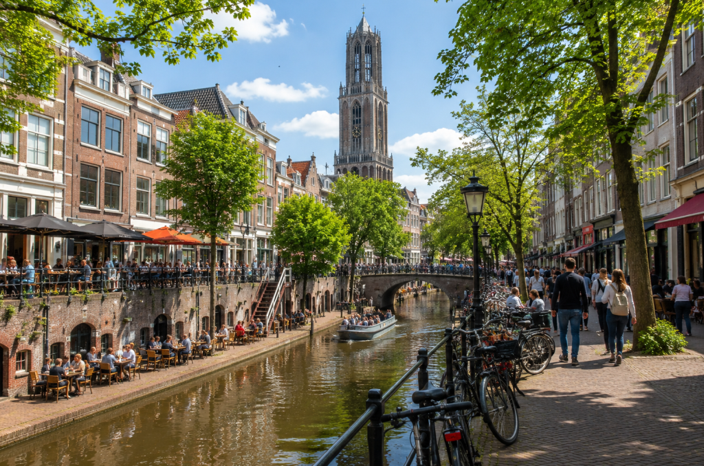 Utrecht canal lined with historic buildings, cafés and bicycles, with the Dom Tower rising in the background.