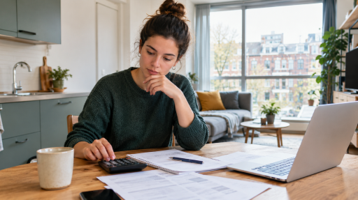 Renter reviewing household finances in a Dutch rental apartment