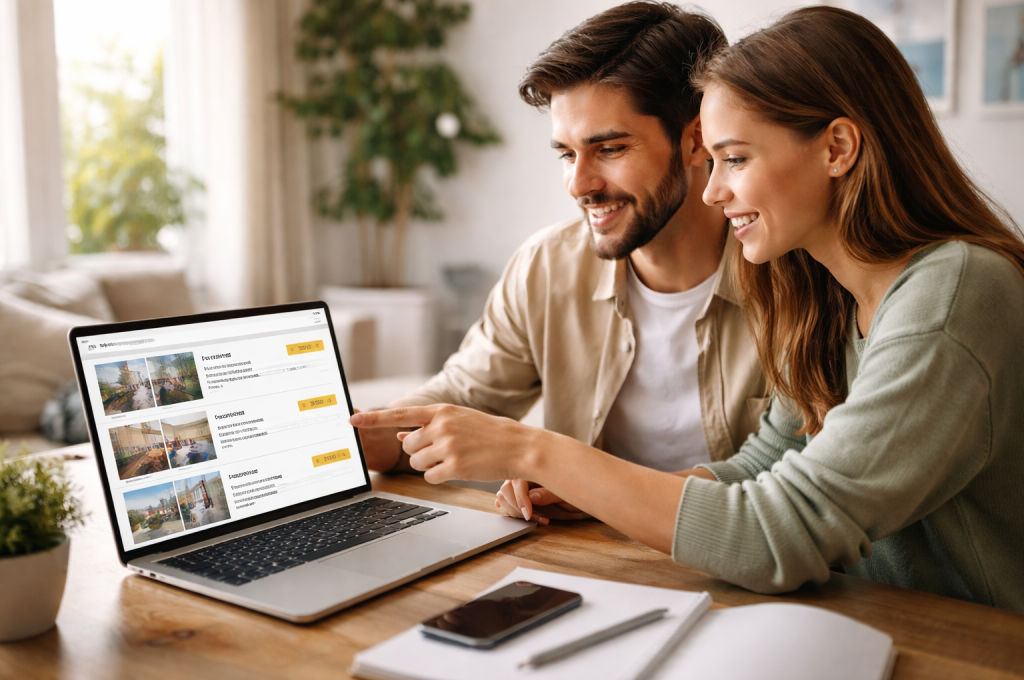 couple sitting on a couch, checking apartment listings, comparing options to find a suitable rental within their budget