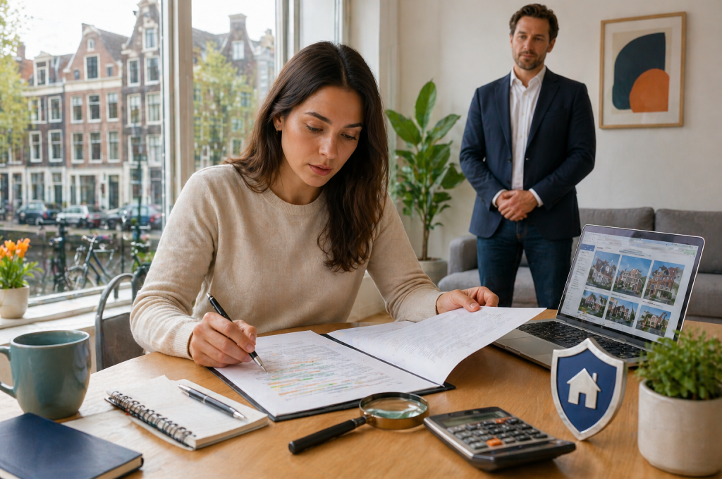 Renter reviewing a tenancy contract in a Dutch apartment while landlord waits nearby, symbolizing careful rental decisions