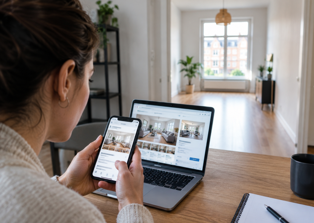 Vrouw bekijkt een huuradvertentie op haar smartphone en laptop in een leeg appartement.